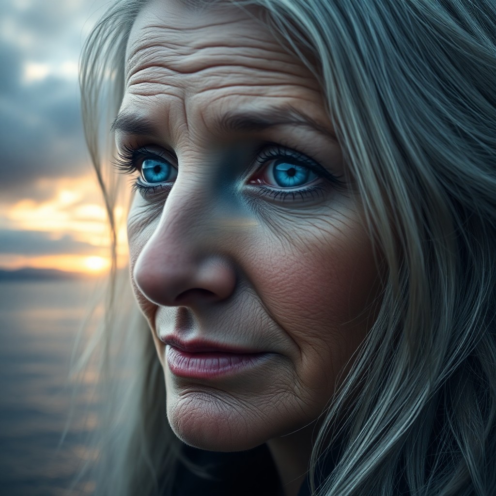 AI generated art for prompt: A middle-aged woman with captivating blue eyes and flowing silver hair is portrayed in serene contem