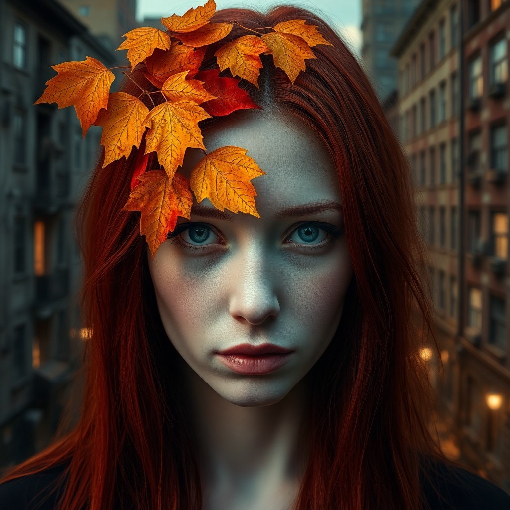 AI generated art for prompt: Haunting digital portrait of enigmatic woman with pale skin and fiery red hair; eyes reflect sorrowf