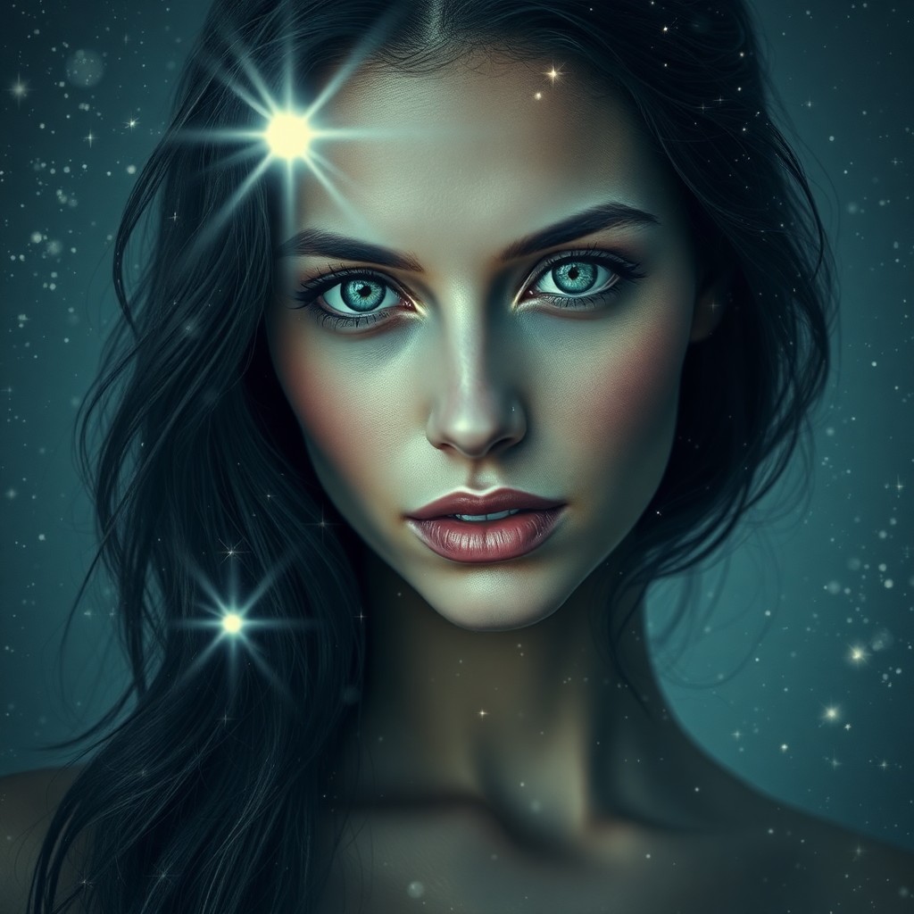 AI generated art for prompt: A captivating portrait showcases an ethereal woman with cascading raven locks and piercing blue eyes