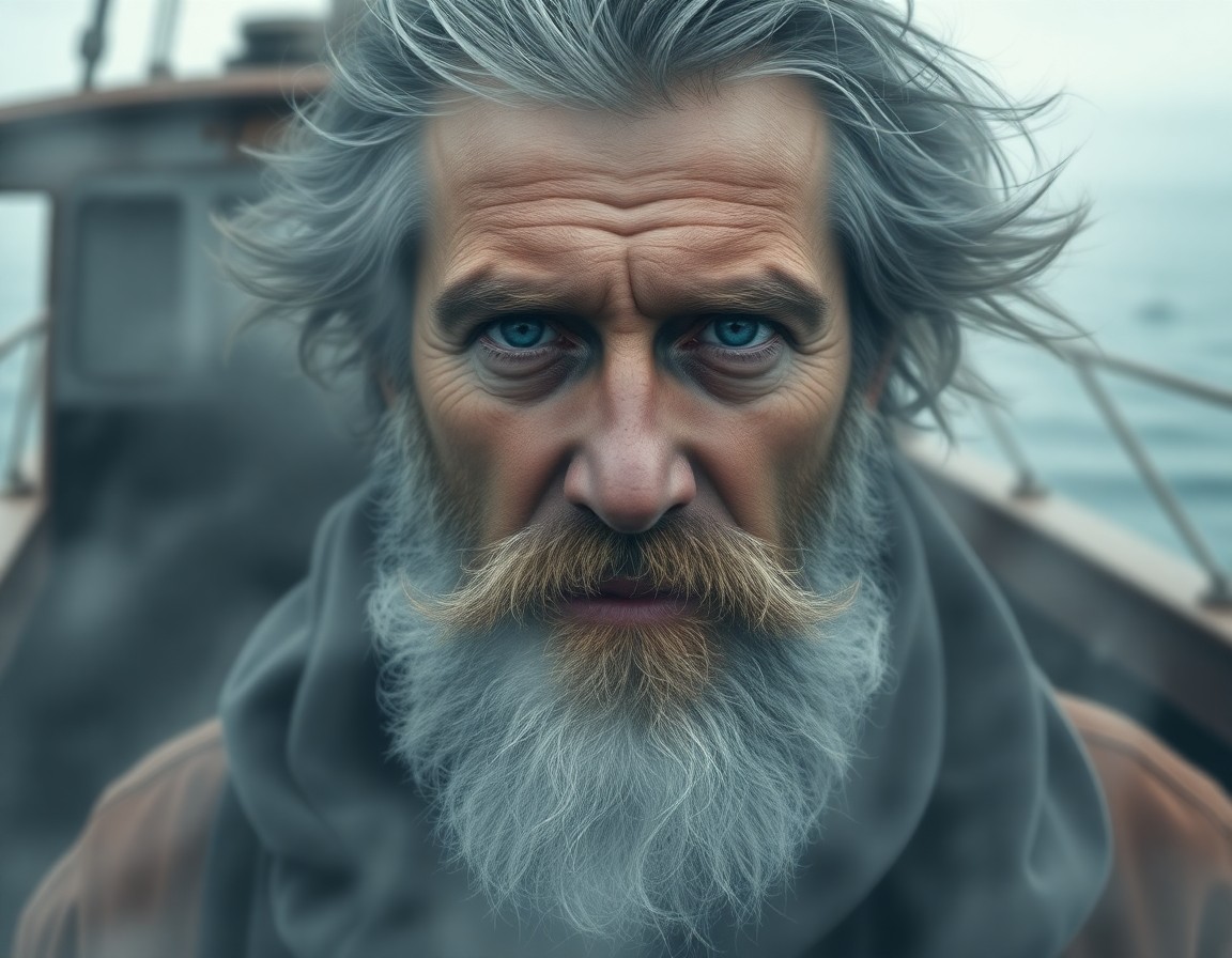 AI generated art for prompt: A captivating digital portrait depicts a seasoned coastguard veteran with a windswept beard and pier