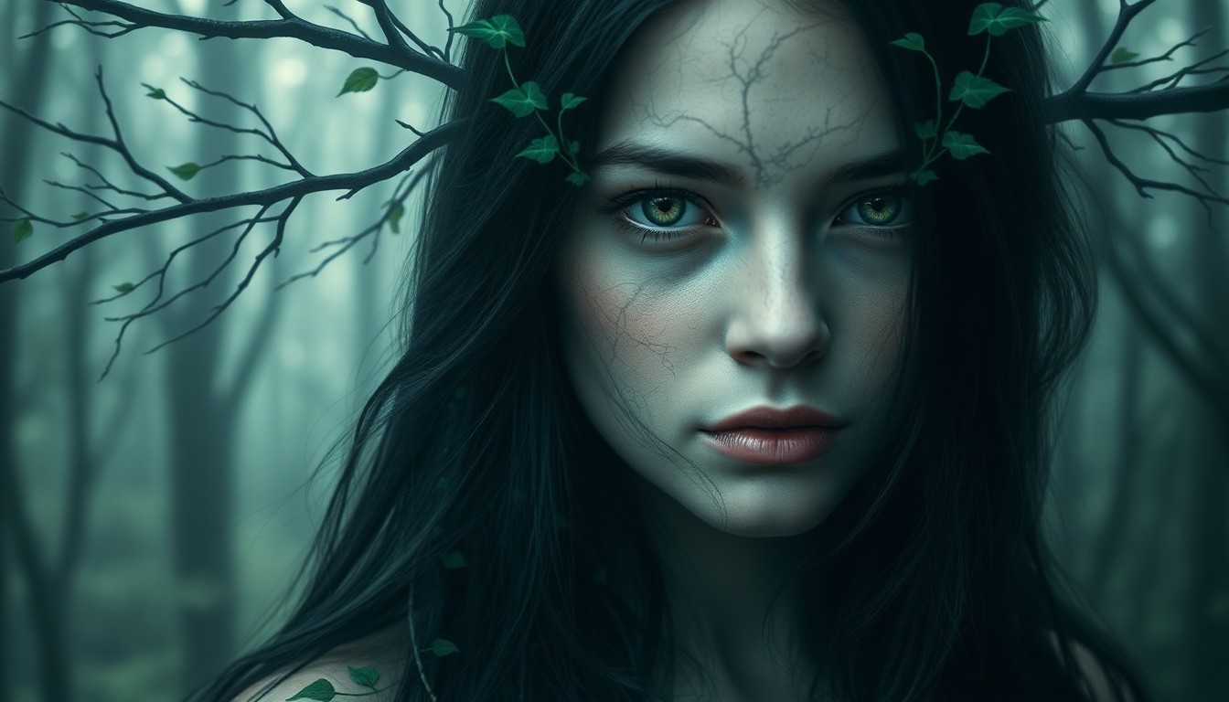 AI generated art for prompt: A captivating double exposure portrait showcases an enigmatic young woman with piercing green eyes a