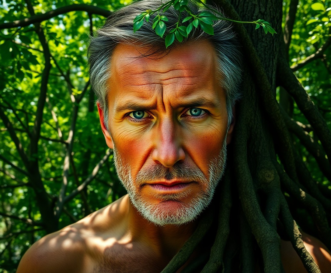 AI generated art for prompt: A rugged middle-aged man with sun-kissed skin and piercing blue eyes stands amidst a dense forest. H