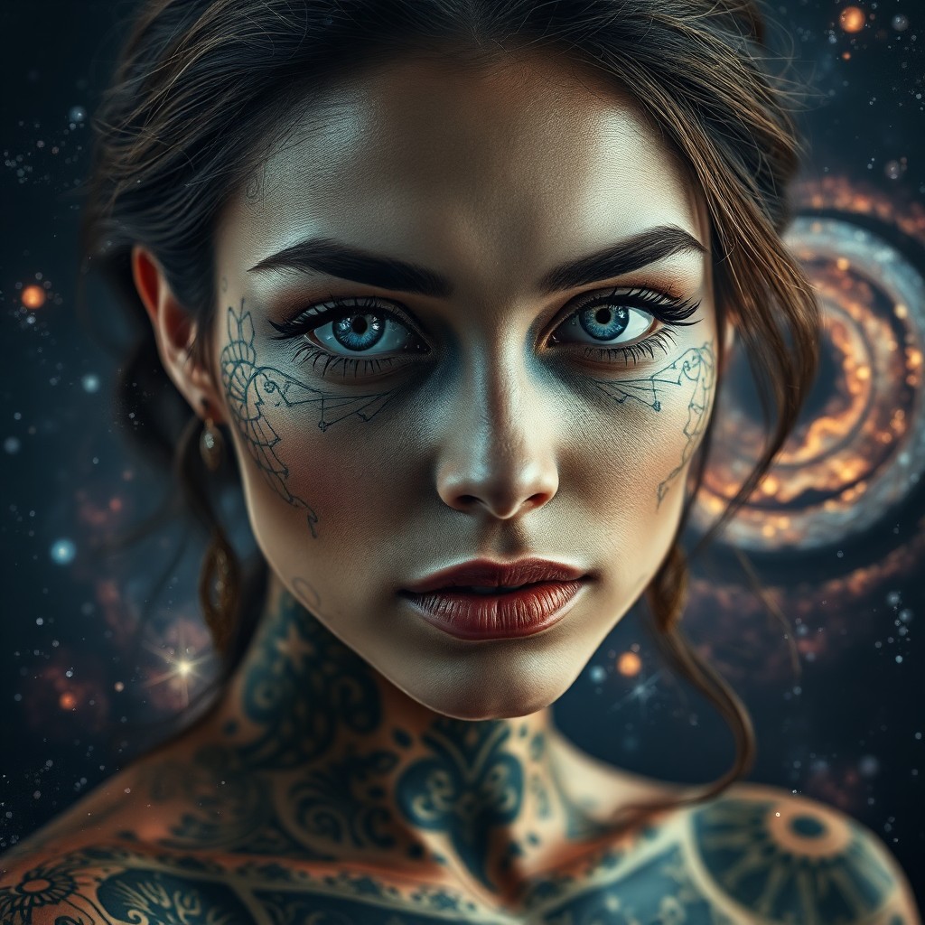 AI generated art for prompt: Imagine a captivating portrait of an enigmatic woman adorned with intricate tattoos blending ancient