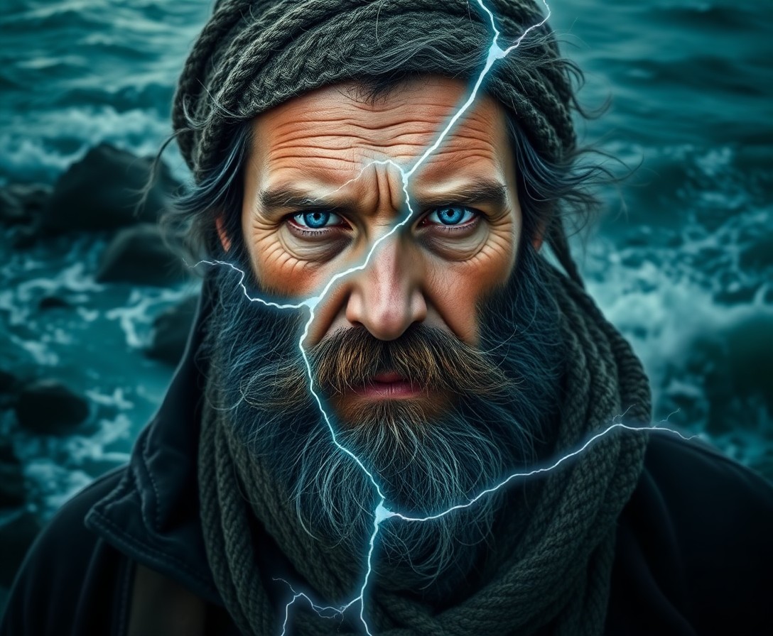 AI generated art for prompt: A portrait photograph immortalizes a weathered sea captain with piercing blue eyes amidst a stormy o