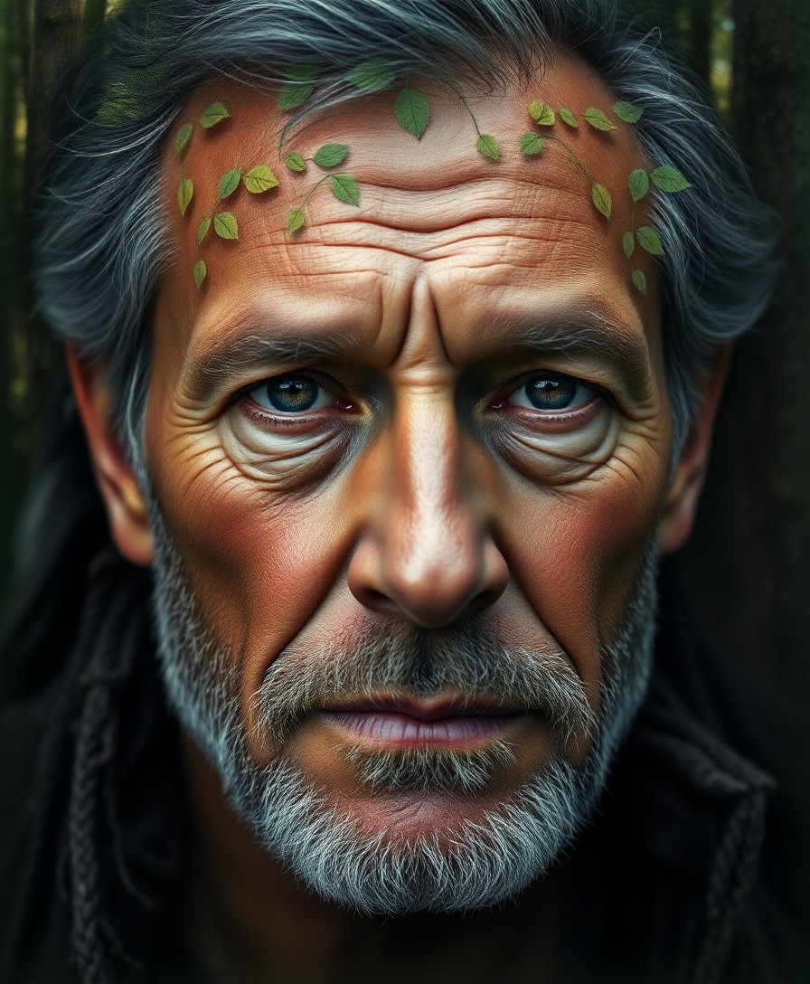 AI generated art for prompt: Craft a photorealistic portrait of a middle-aged man with rugged features, his eyes exuding wisdom g