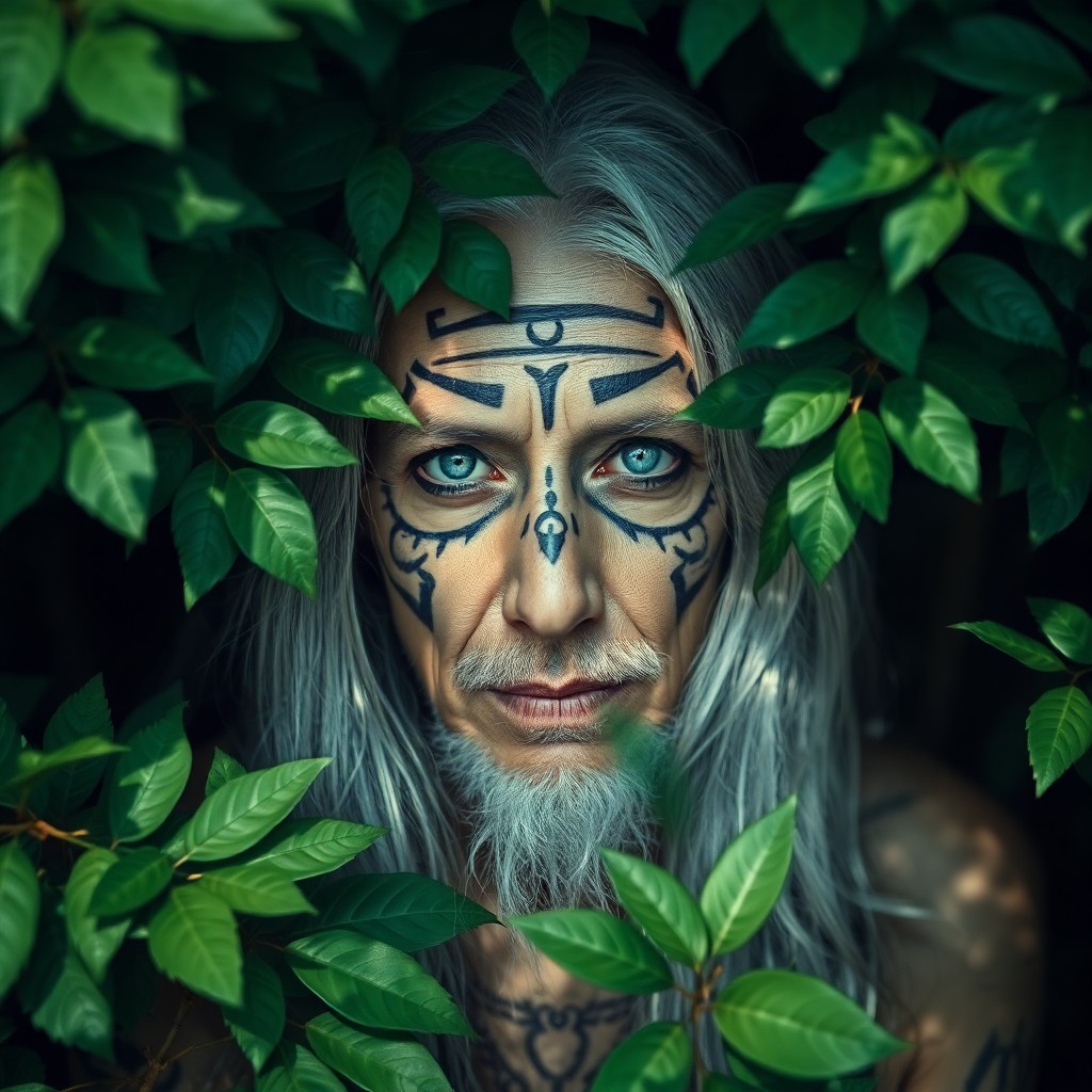 AI generated art for prompt: Envision a portrait photograph of an enigmatic elder with piercing blue eyes and long silver hair gr