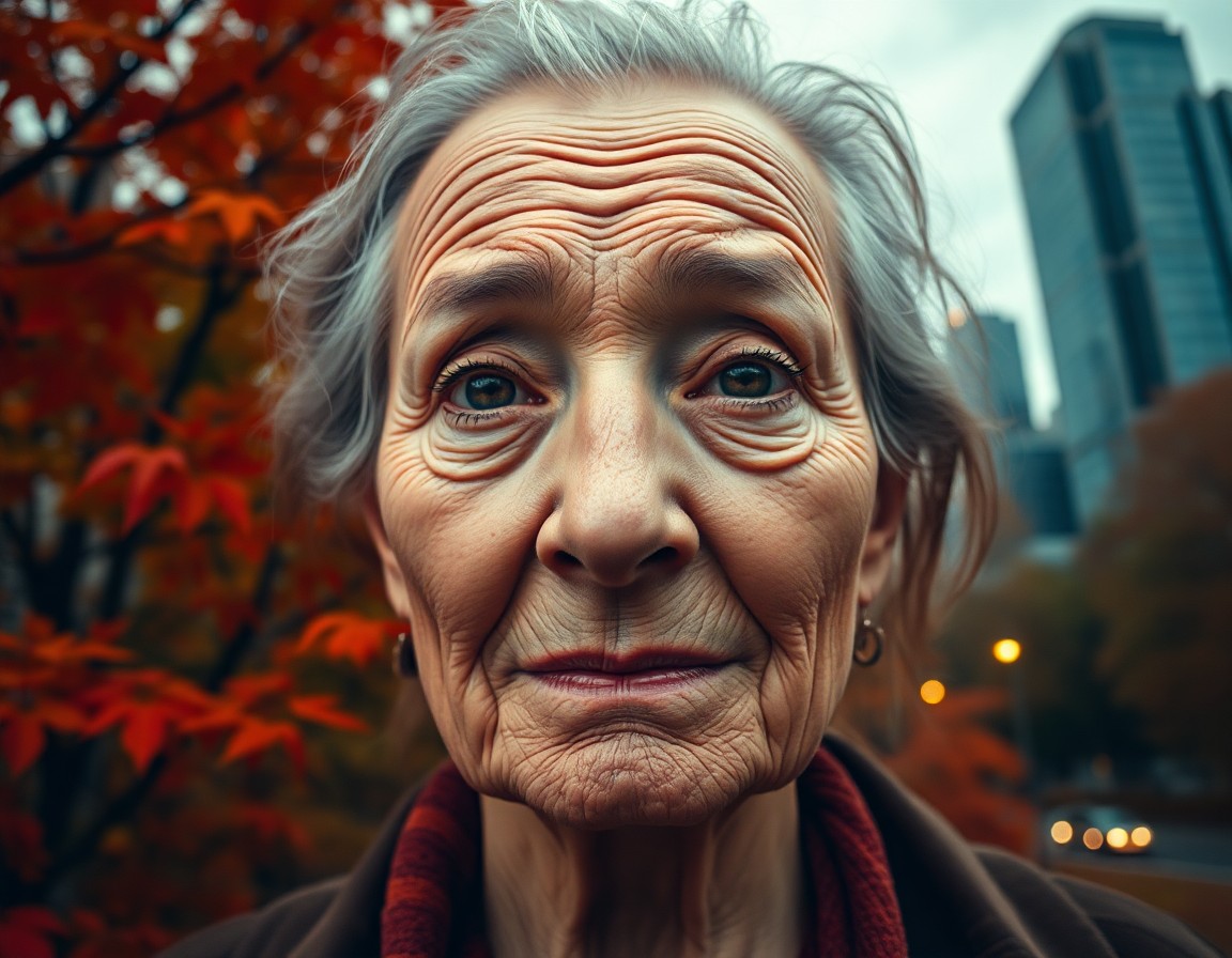 AI generated art for prompt: A DSLR captures a striking portrait of an older woman with deep, etched creases on her face; her eye