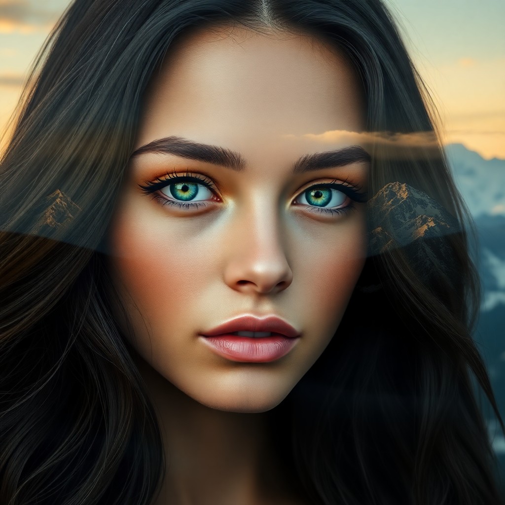 AI generated art for prompt: A highly realistic portrait of a young woman showcases her cascading raven hair and piercing emerald