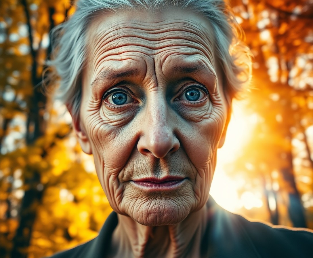 AI generated art for prompt: A striking double exposure portrait captures an older woman with deep-set wrinkles and piercing blue