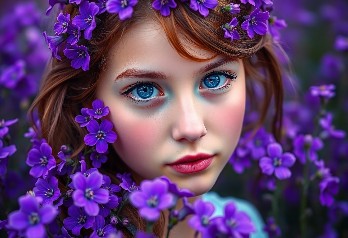 AI generated art for prompt: A young woman, with captivating blue eyes, stands amidst a field of vibrant purple wildflowers. Her 