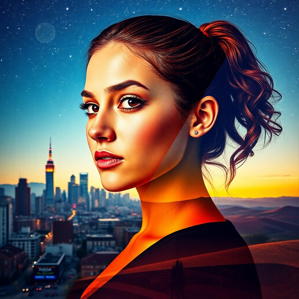 AI generated art for prompt: Create a vibrant double exposure portrait featuring a confident young woman with deep brown eyes, an