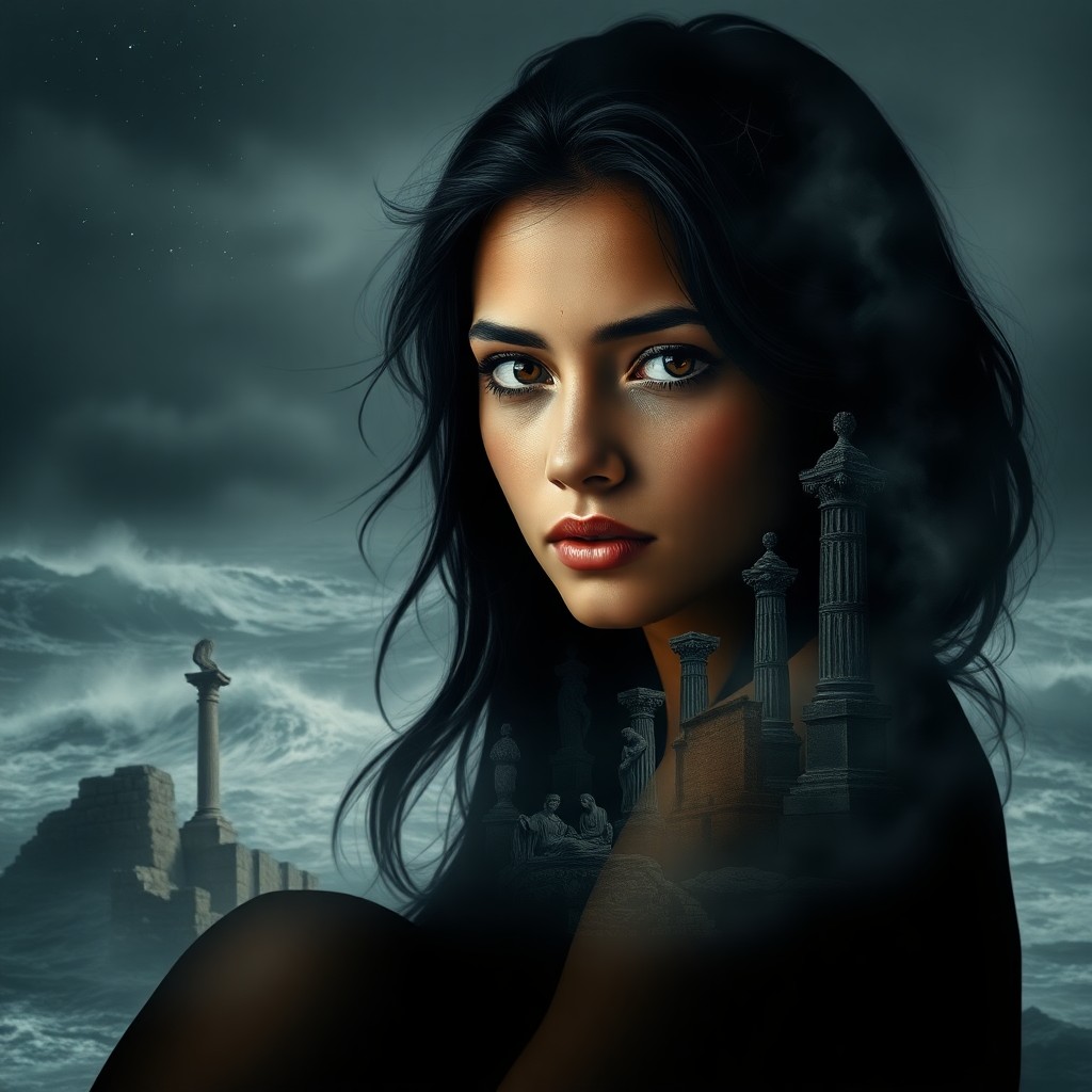 AI generated art for prompt: A young woman with olive skin and raven hair sits contemplatively by a turbulent sea, her eyes mirro