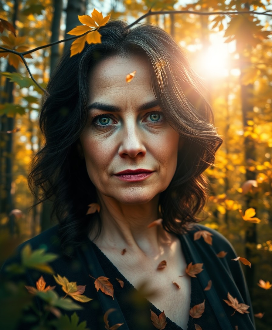 AI generated art for prompt: A photorealistic portrait photograph showcases a middle-aged woman with captivating green eyes and d