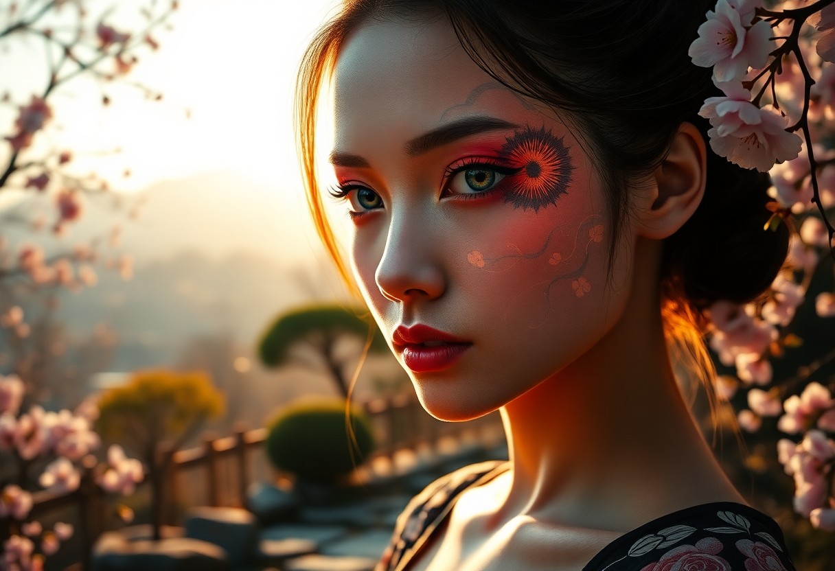 AI generated art for prompt: A captivating portrait photograph captures an enigmatic woman standing in a serene Japanese garden. 