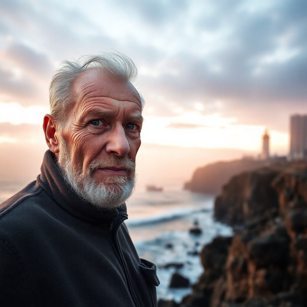 AI generated art for prompt: A seasoned coastguard veteran, his weathered face etched with experience, stands resolute at a cliff