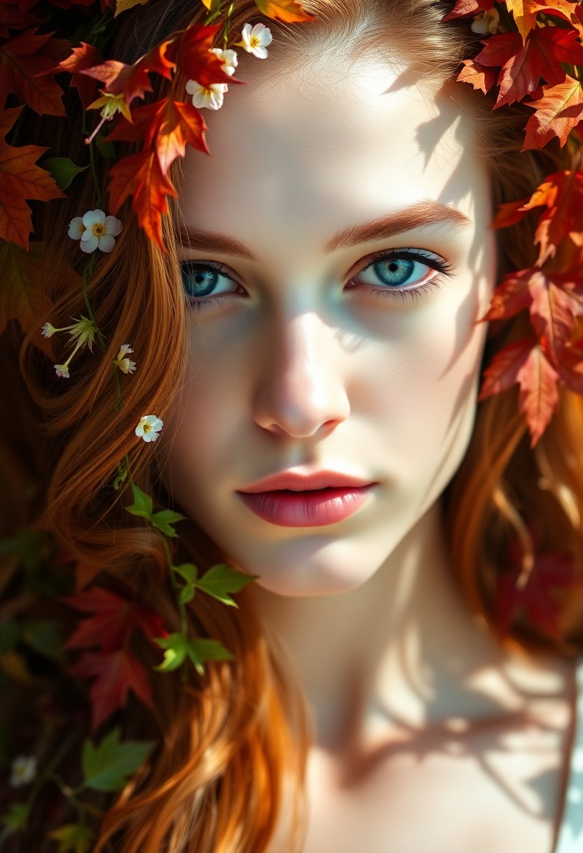 AI generated art for prompt: A photorealistic portrait captures an ethereal young woman with cascading chestnut hair. Her serene 