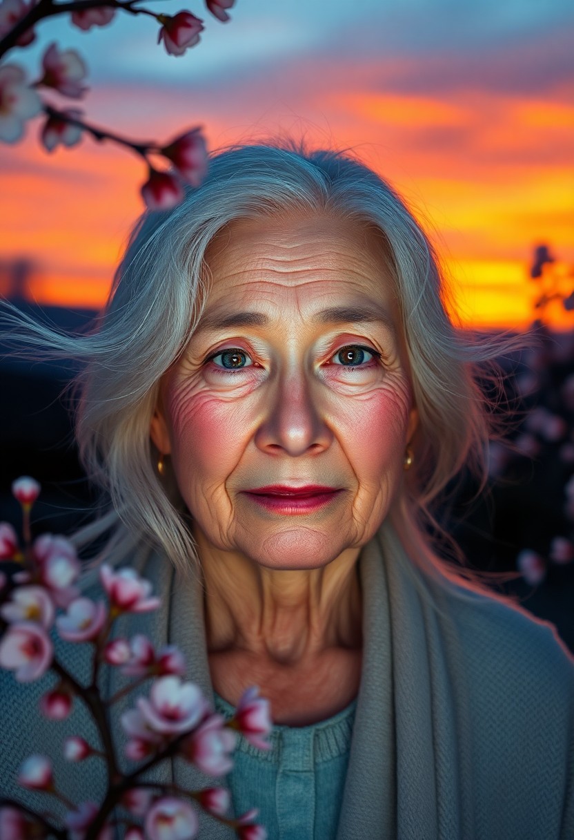 AI generated art for prompt: Create a photorealistic portrait of an elderly woman with flowing white hair framing her calm visage