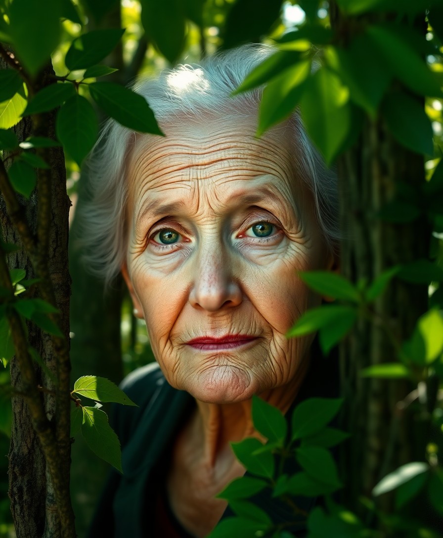 AI generated art for prompt: Create a photorealistic double exposure portrait of an elderly woman emerging from a dense forest sc