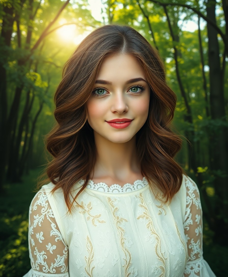 AI generated art for prompt: A photorealistic portrait photograph depicts a young woman with cascading chestnut waves framing her