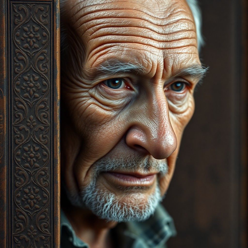 AI generated art for prompt: Create a photorealistic portrait featuring an elderly man's contemplative face seamlessly merged wit