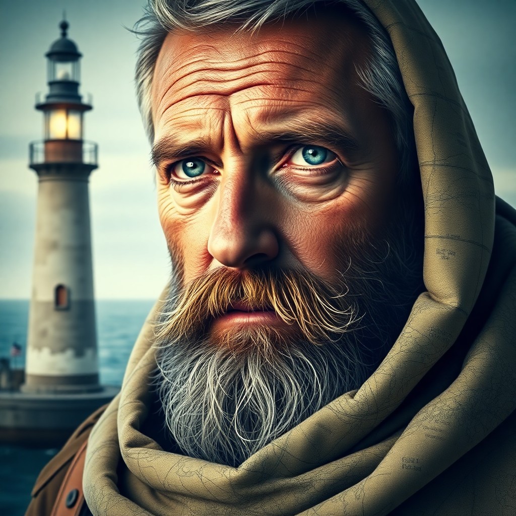 AI generated art for prompt: A captivating portrait of a seasoned coastguard veteran with piercing blue eyes and a rugged beard, 