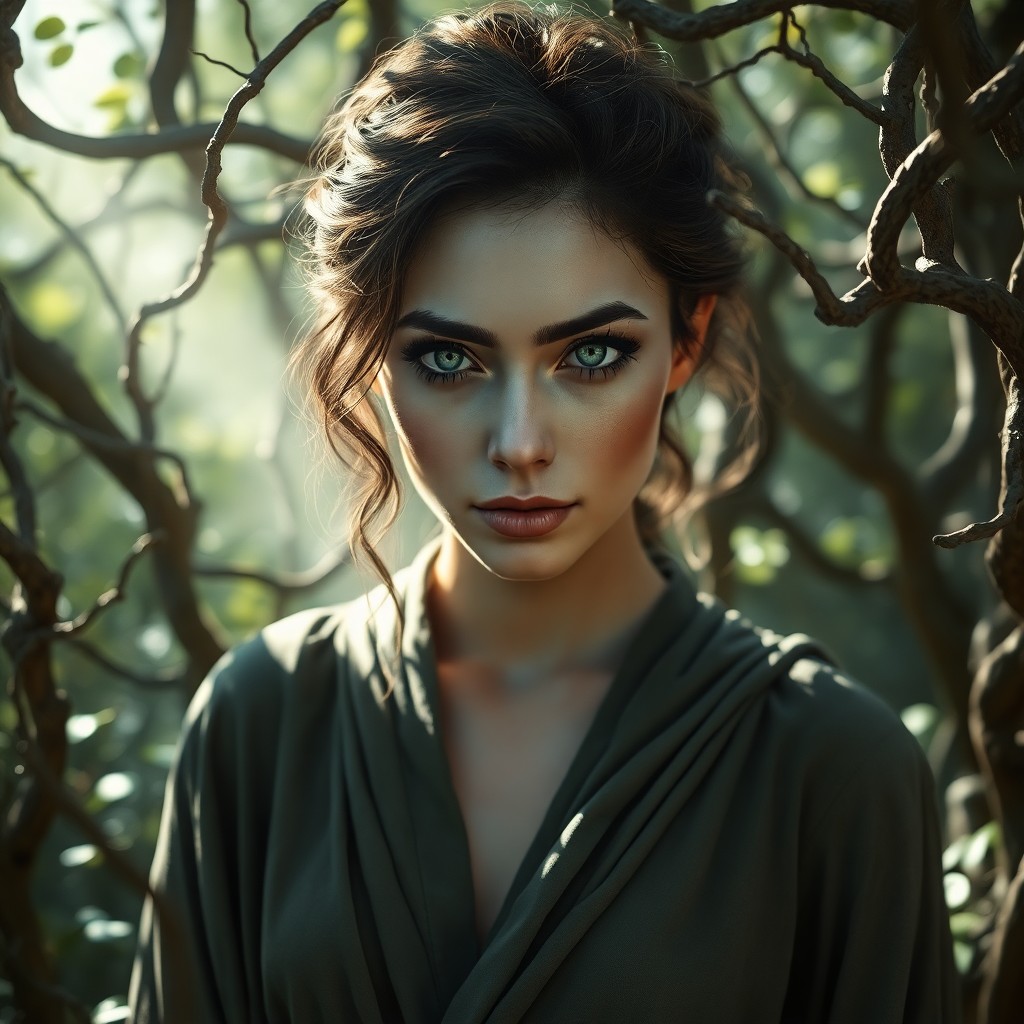 AI generated art for prompt: Envision a captivating photorealistic portrait of an enigmatic woman, her piercing green eyes convey