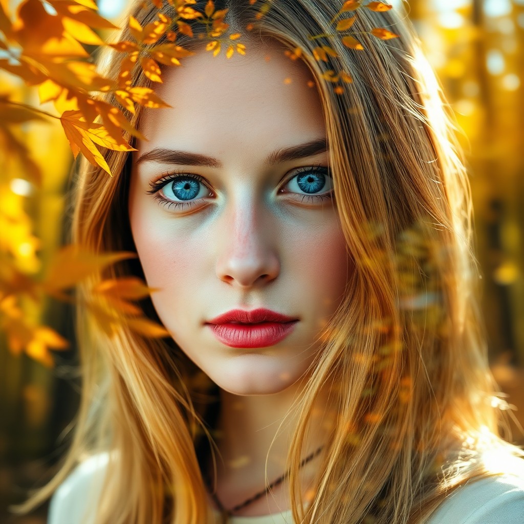 AI generated art for prompt: Create a captivating double exposure portrait of a serene young woman with piercing blue eyes that m