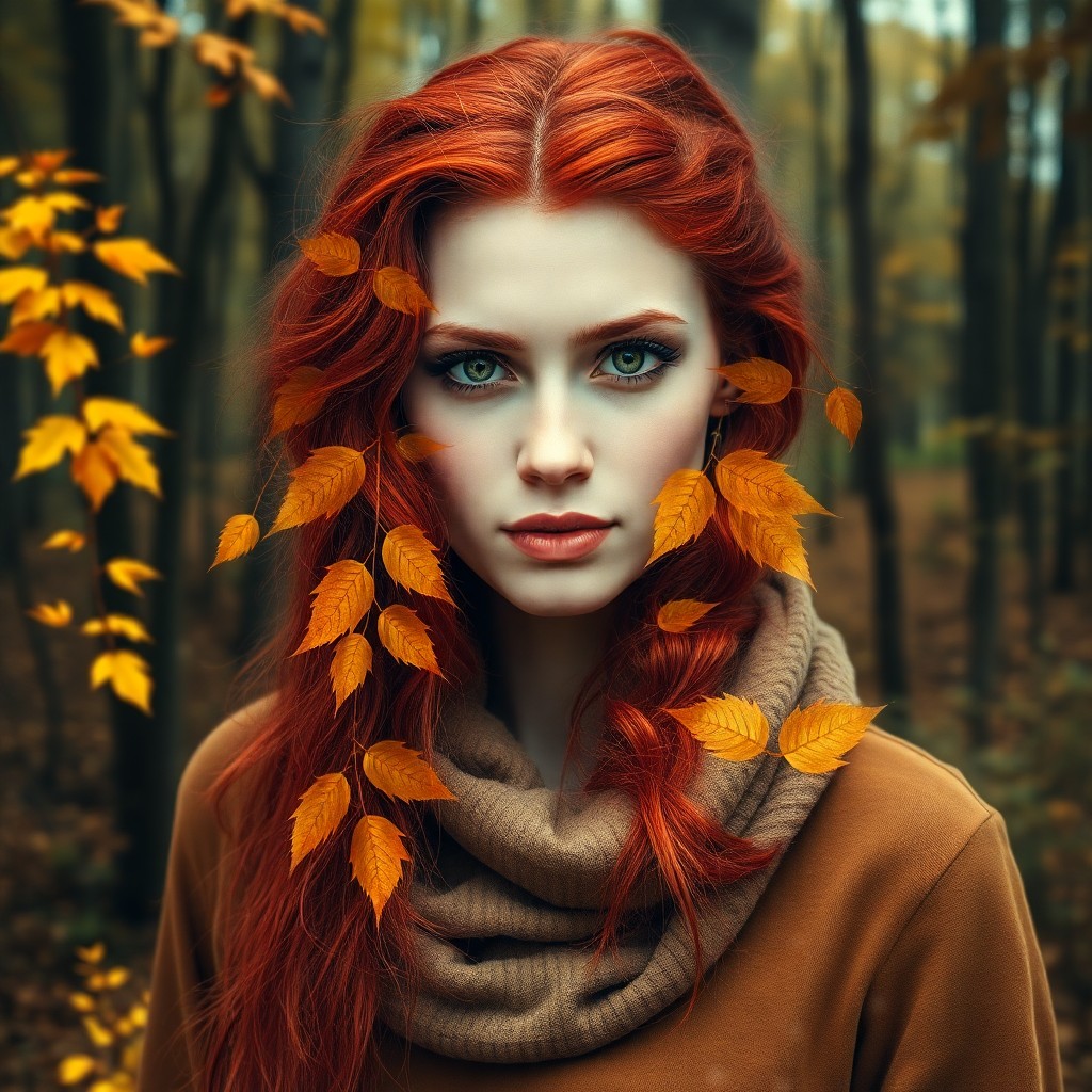 AI generated art for prompt: A captivating young woman with vibrant red hair and piercing green eyes stands amidst an untamed for