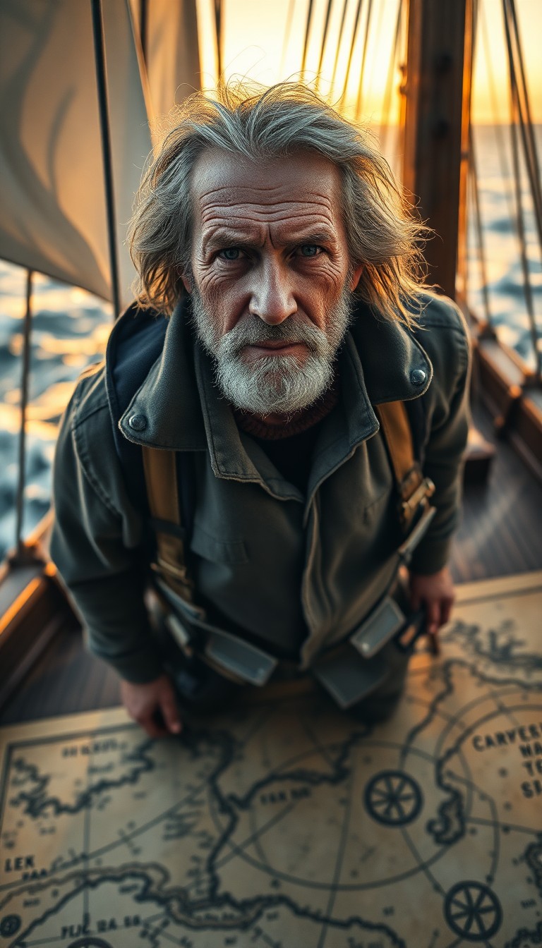 AI generated art for prompt: Craft a photorealistic portrait of a weathered coastguard veteran with sun-bleached hair and a face 