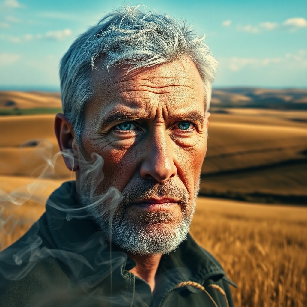 AI generated art for prompt: A stoic middle-aged man with rugged features and piercing blue eyes gazes into the distance under an