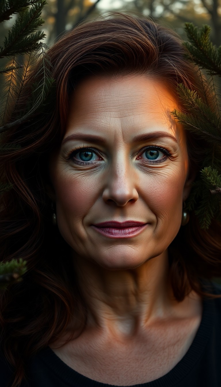 AI generated art for prompt: A photorealistic portrait photo captures a middle-aged woman with wavy chestnut hair and piercing gr