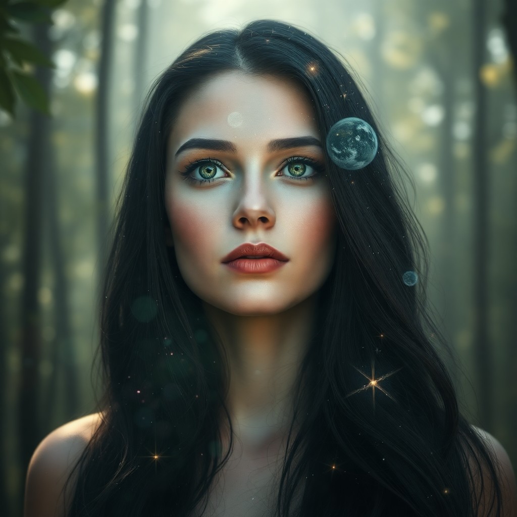 AI generated art for prompt: A digital artist's photorealistic portrait captures a serene and powerful woman with striking green 