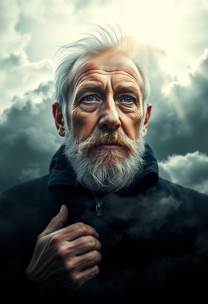 AI generated art for prompt: Envision a captivating portrait of an aged coastguard veteran, his salt-and-pepper beard and deep oc