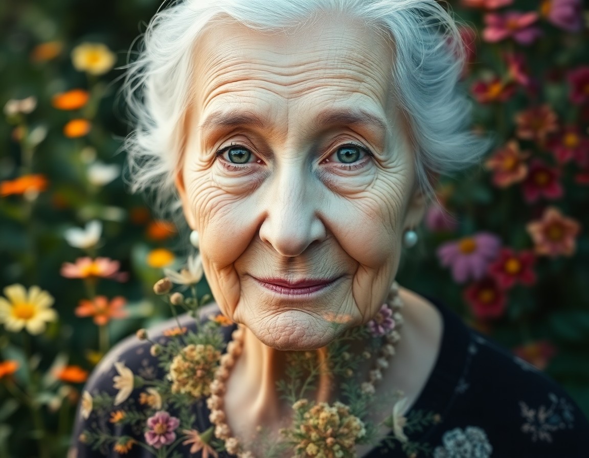 AI generated art for prompt: Visualize a serene portrait of an elderly woman, her eyes softly mirroring a tranquil garden scene. 