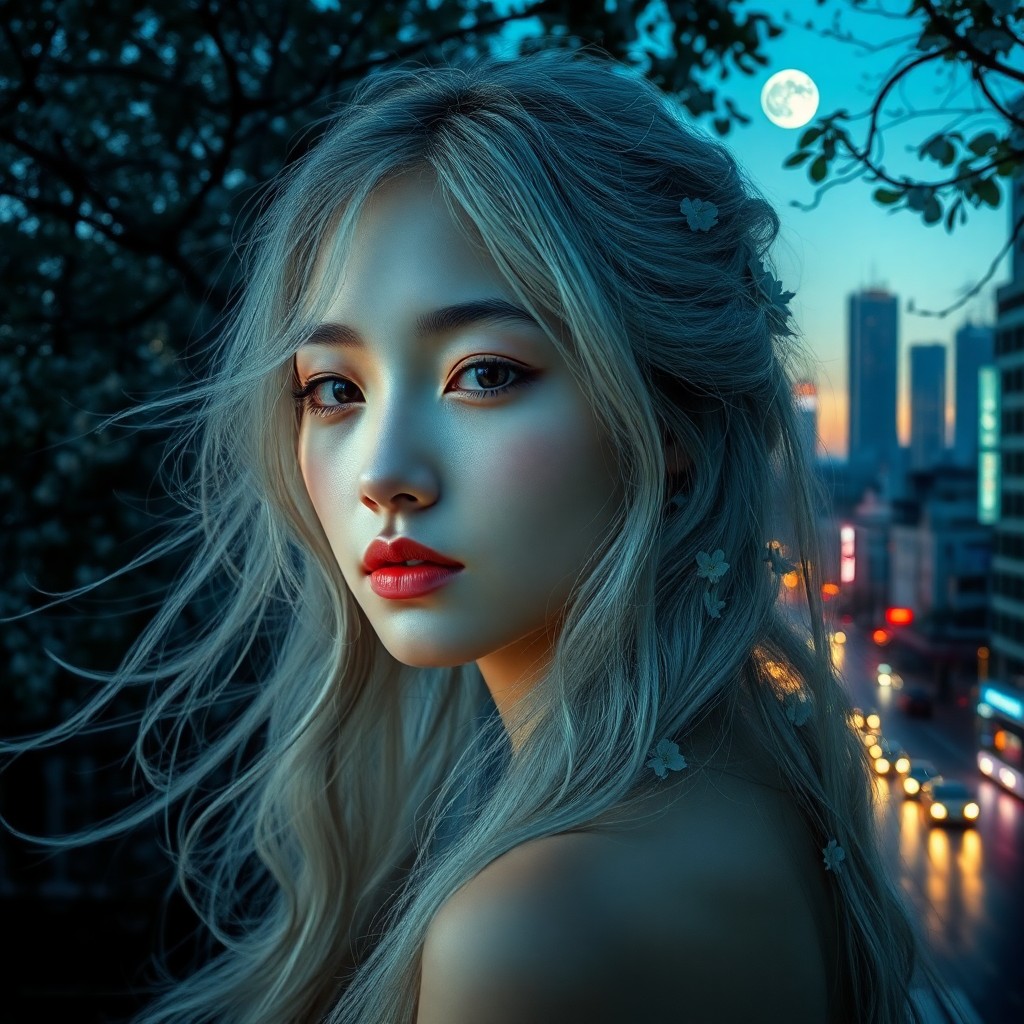 AI generated art for prompt: A captivating portrait photograph captures an ethereal young woman adorned with flowing silver-white