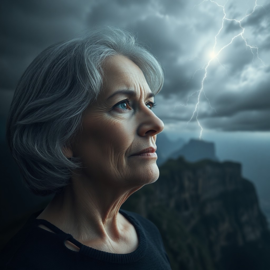 AI generated art for prompt: A middle-aged woman, her gray hair framing a serene expression, gazes contemplatively towards a dist