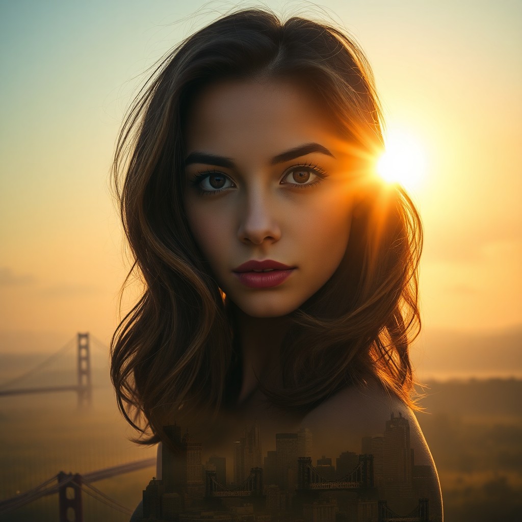 AI generated art for prompt: Create an evocative double exposure portrait featuring a captivating young woman with deep brown eye