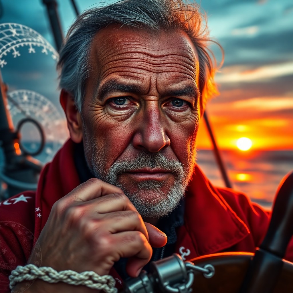 AI generated art for prompt: A photorealistic portrait captures a seasoned coastguard veteran at his ship's helm, where swirling 