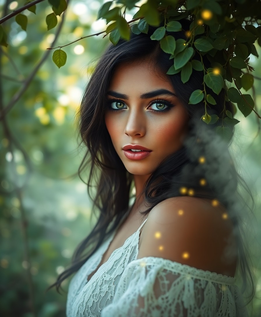 AI generated art for prompt: A captivating portrait reveals a striking woman of thirty-five with olive skin and raven hair, parti