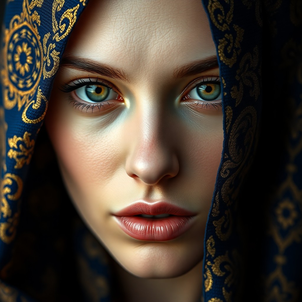 AI generated art for prompt: A captivating portrait reveals an enigmatic woman with piercing green eyes, her visage intricately w