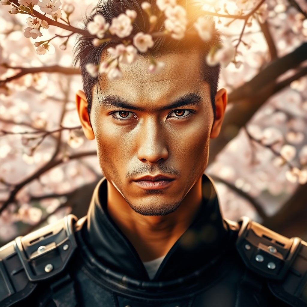 AI generated art for prompt: Imagine a captivating portrait merging the raw intensity of a modern warrior with serene Japanese ga