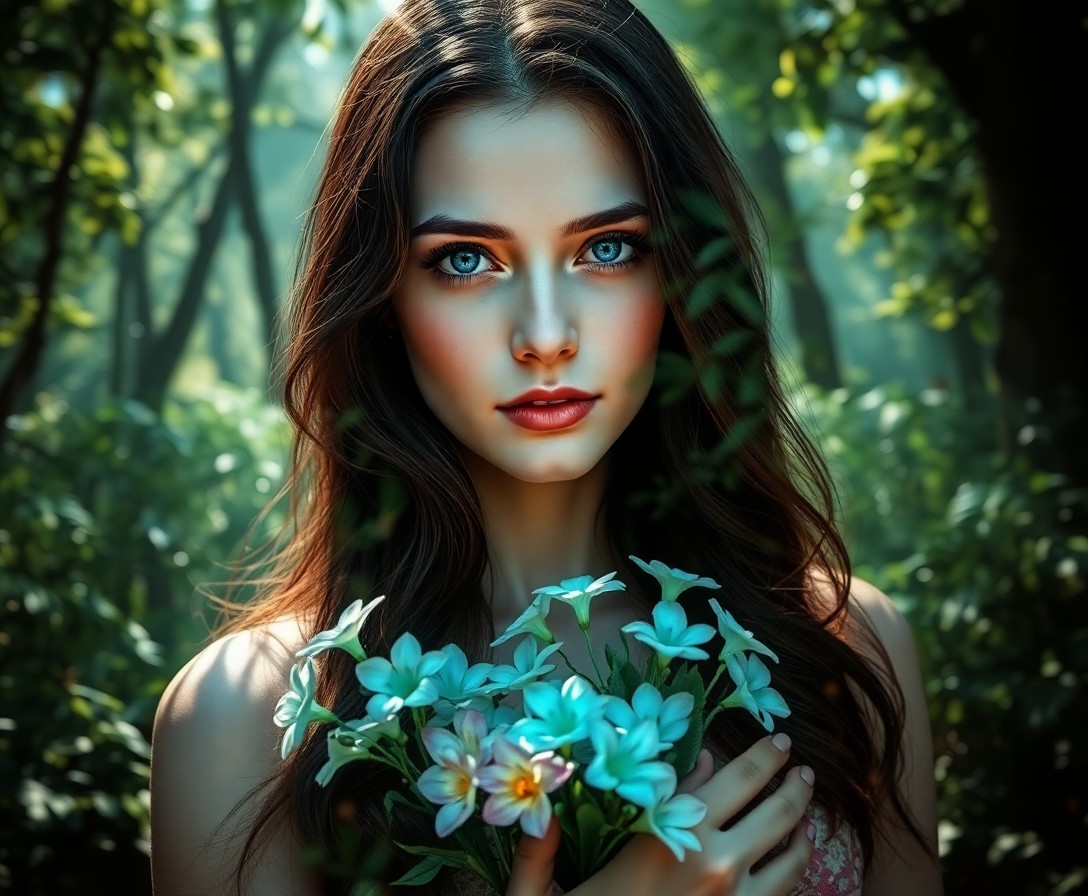 AI generated art for prompt: A mesmerizing digital portrait encapsulates a woman's enigmatic presence amidst an ethereal forest. 