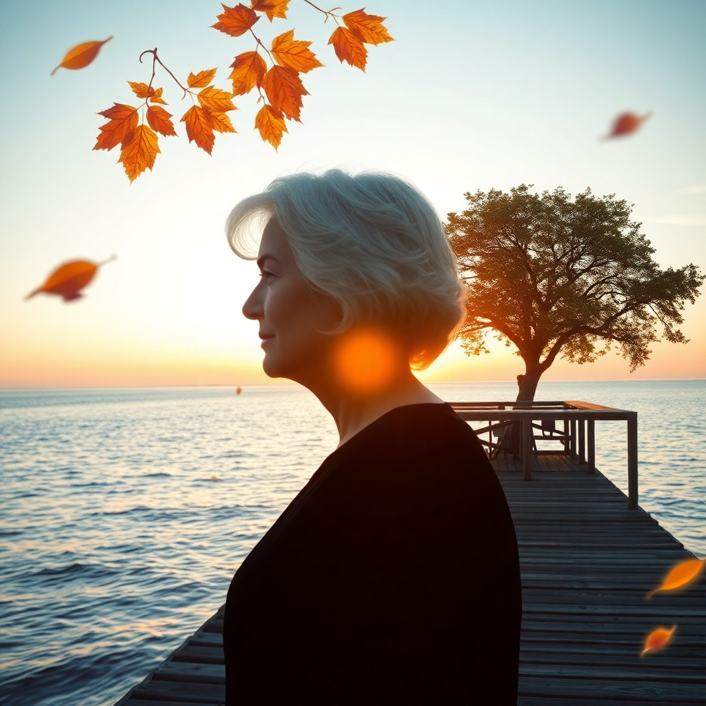 AI generated art for prompt: Craft a photorealistic double exposure portrait showcasing an elegant elderly woman with silver hair