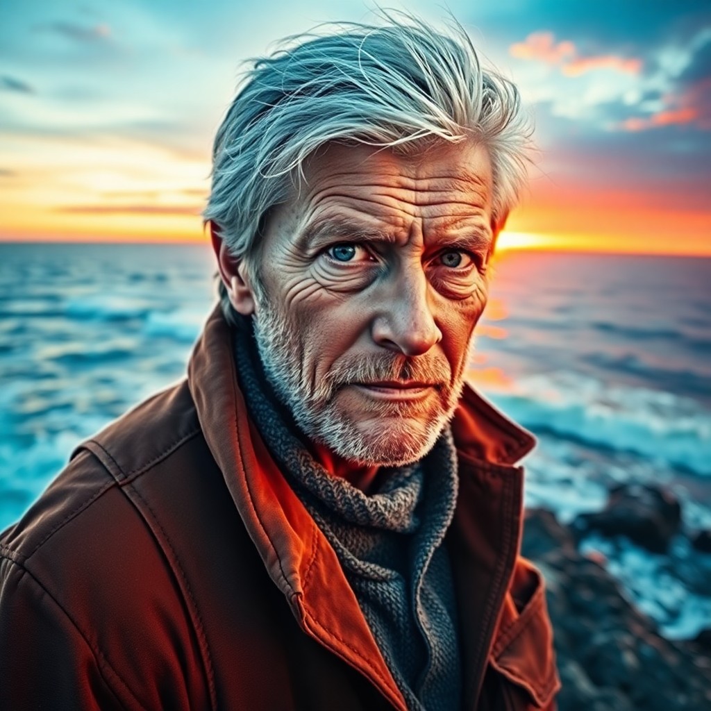 AI generated art for prompt: A portrait photograph immortalizes a rugged coastguard veteran with salt-and-pepper hair and piercin