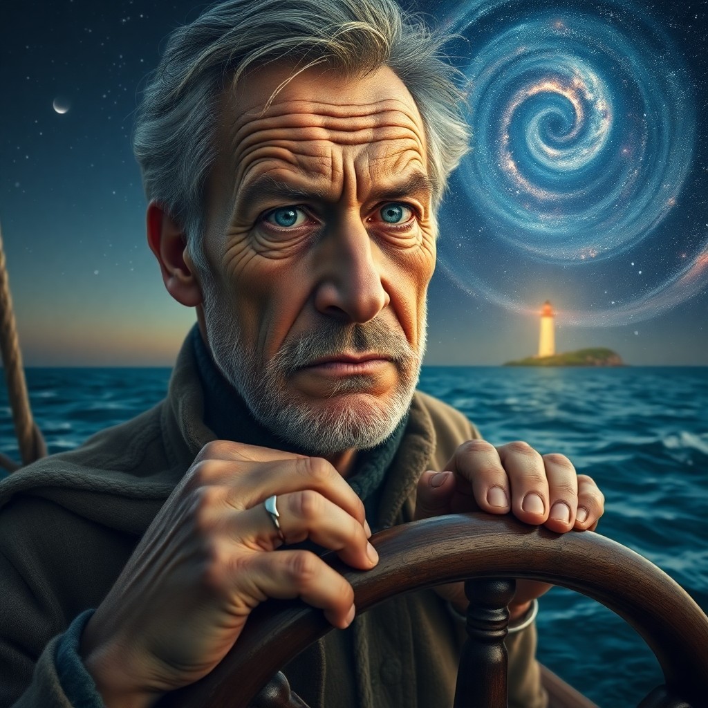 AI generated art for prompt: A photorealistic portrait depicts an eccentric tidal researcher with deep wrinkles adorning his sun-