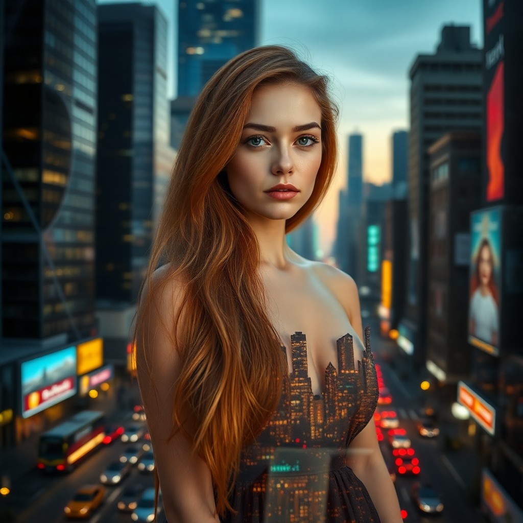 AI generated art for prompt: A young woman with long auburn and gold hair stands amidst a bustling cityscape at dusk. Her serene 