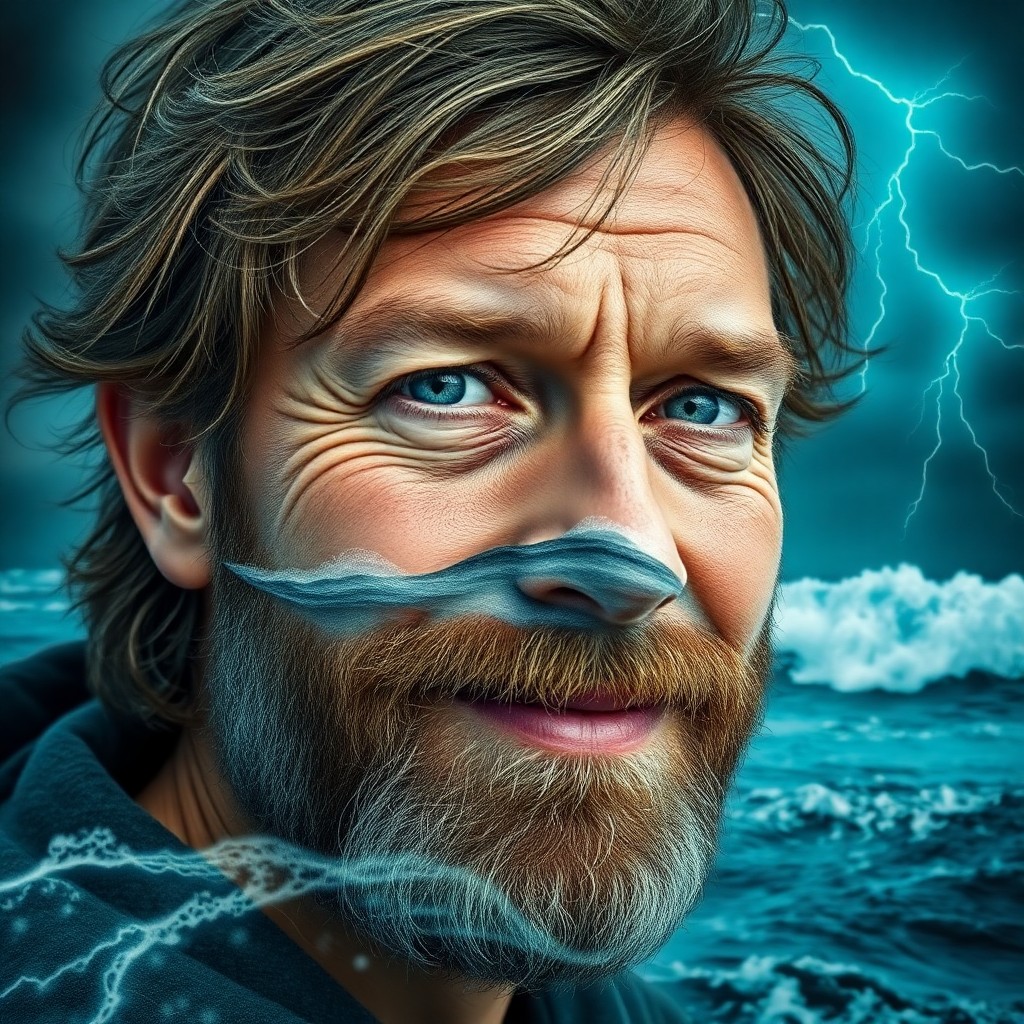 AI generated art for prompt: Craft a captivating double exposure portrait of an eccentric tidal researcher with rugged facial hai