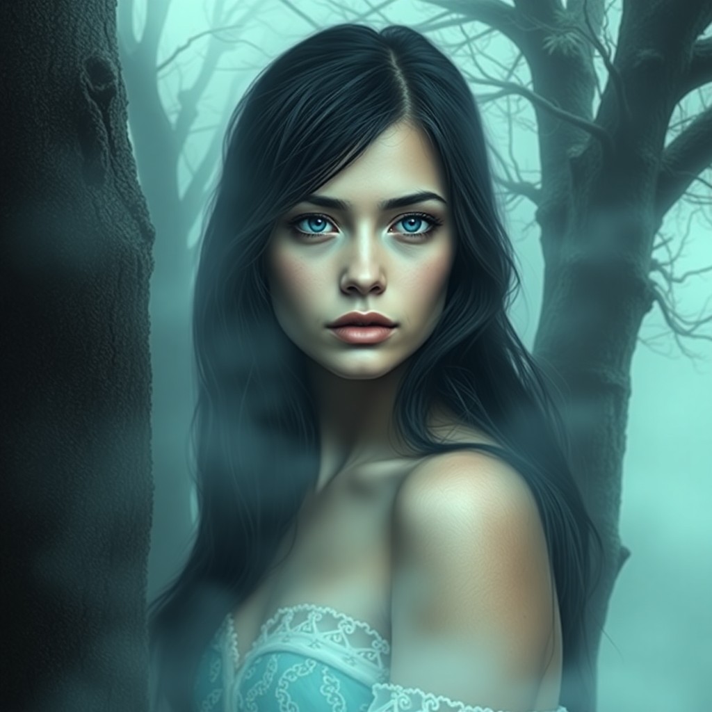 AI generated art for prompt: A captivating portrait of a pensive young woman with piercing blue eyes and raven hair flowing over 