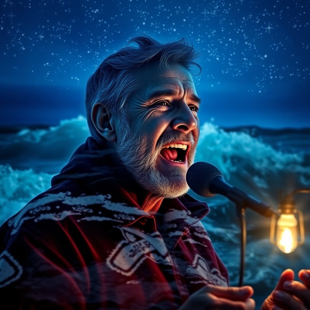 AI generated art for prompt: A hauntingly beautiful double exposure portrait captures a Coast Guard veteran belting out a song am