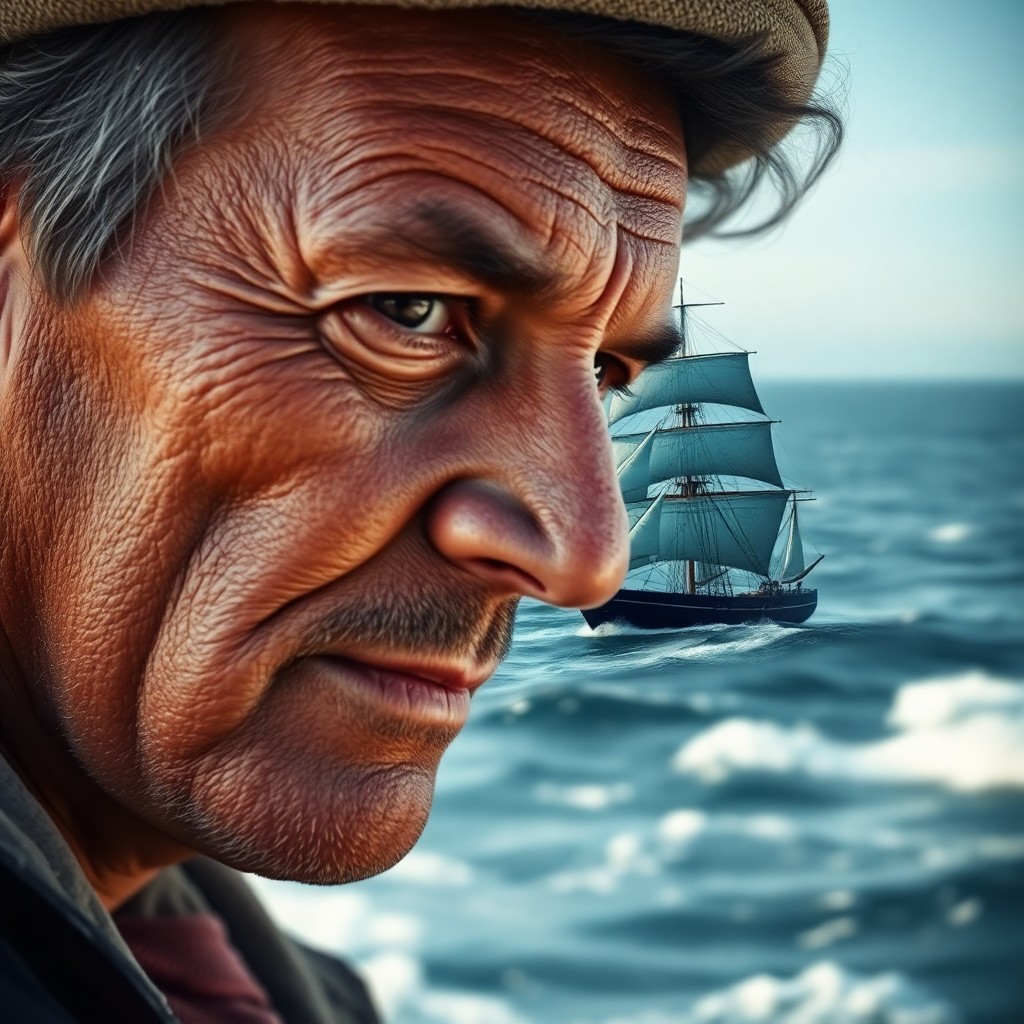 AI generated art for prompt: Craft an immersive double exposure portrait of a seasoned sailor, his gaze fixed on the horizon amid